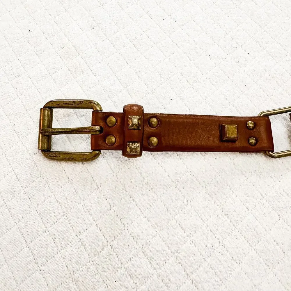 Worth Italian Leather Studded Belt Brown Buckle Accents Size L